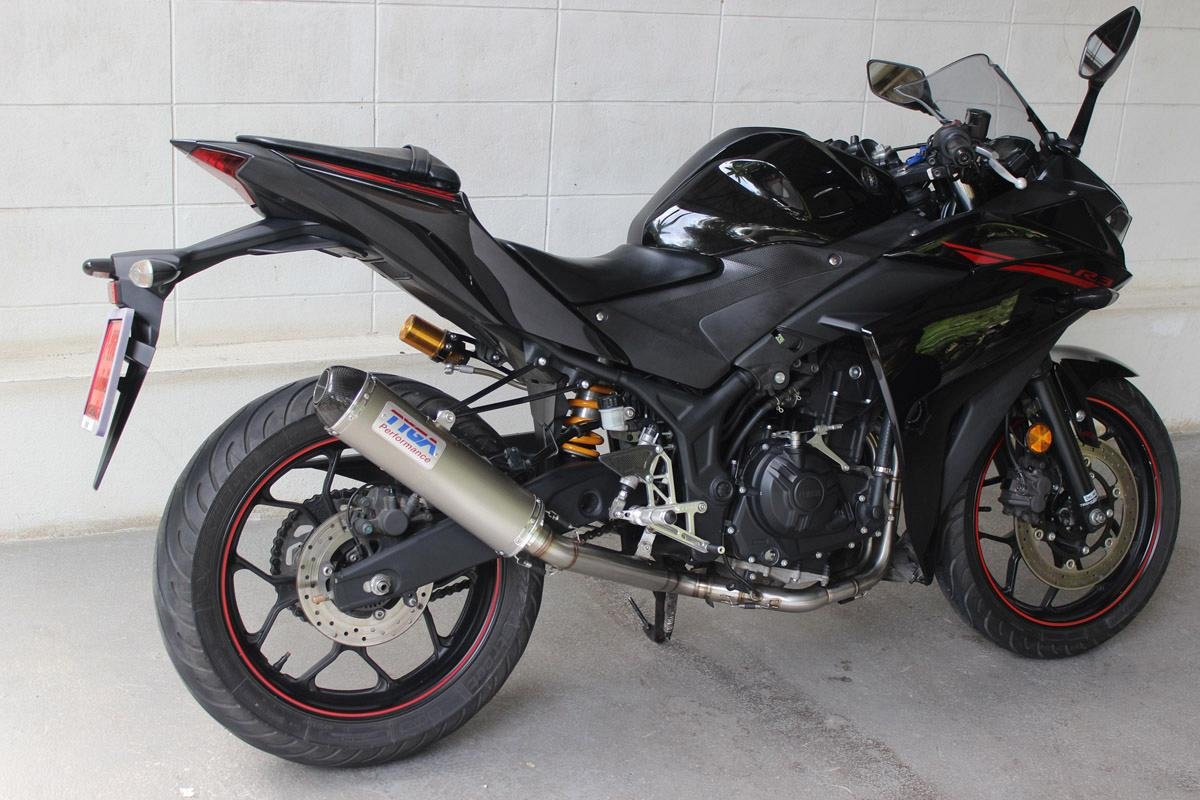 Set, Exhaust Pipe, Race System, Yamaha YZF-R25 and YZF-R3, Stainless, Stainless Silencer, Carbon End cap - Image 2