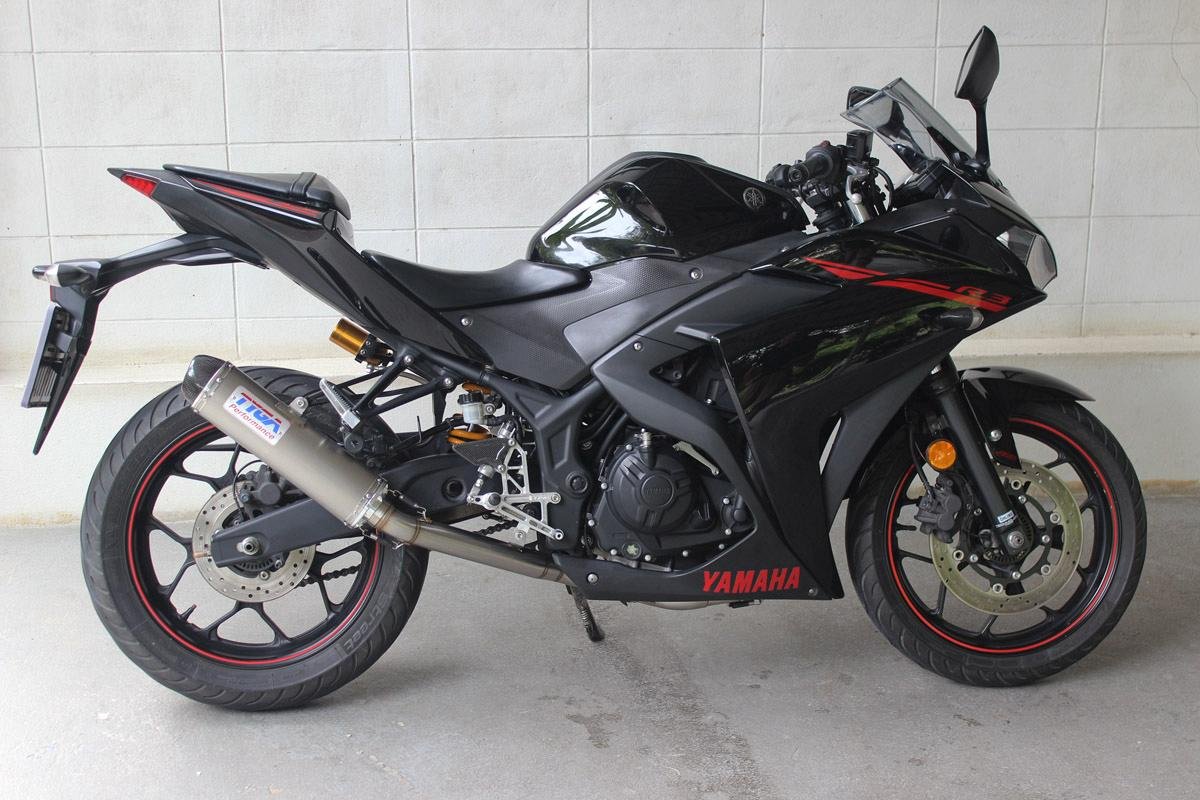 Set, Exhaust Pipe, Race System, Yamaha YZF-R25 and YZF-R3, Stainless, Stainless Silencer, Carbon End cap - Image 3