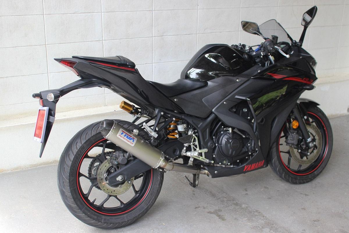 Set, Exhaust Pipe, Race System, Yamaha YZF-R25 and YZF-R3, Stainless, Stainless Silencer, Carbon End cap - Image 5