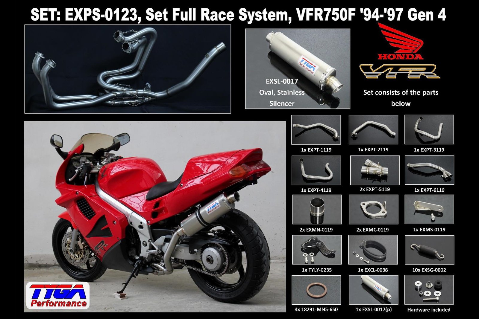 Set, Pipe, L.H Exit, Full Race System, VFR750F Gen.4, '94-'97, Oval Stainless Silencer - Image 2
