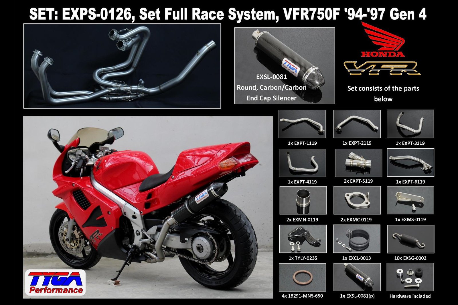 Set, Pipe, L.H Exit, Full Race System, VFR750F, Gen 4, '94-'97 Round Carbon/Carbon End Cap Silencer - Image 2