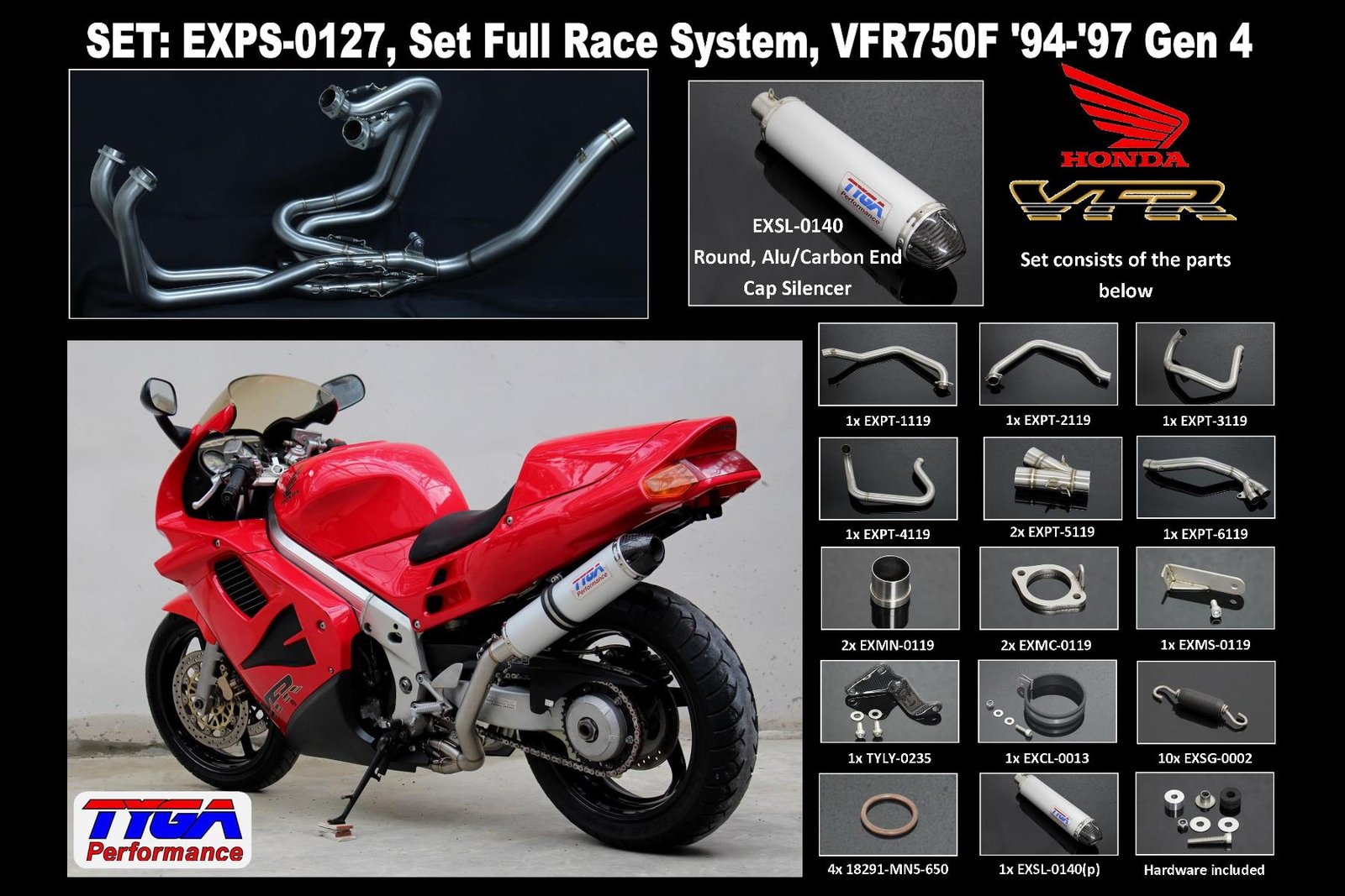 Set, Pipe, L.H Exit, Full Race System, VFR750F, Gen 4, '94-'97 Round Aluminium/Carbon End Cap Silencer - Image 2
