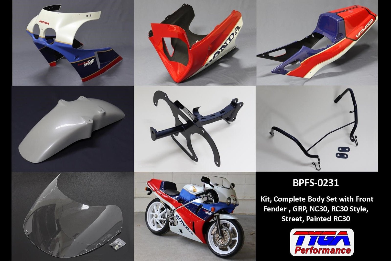Kit, Complete Body Set with Front Fender, GRP, NC30, RC30 Style, Street, Painted RC30